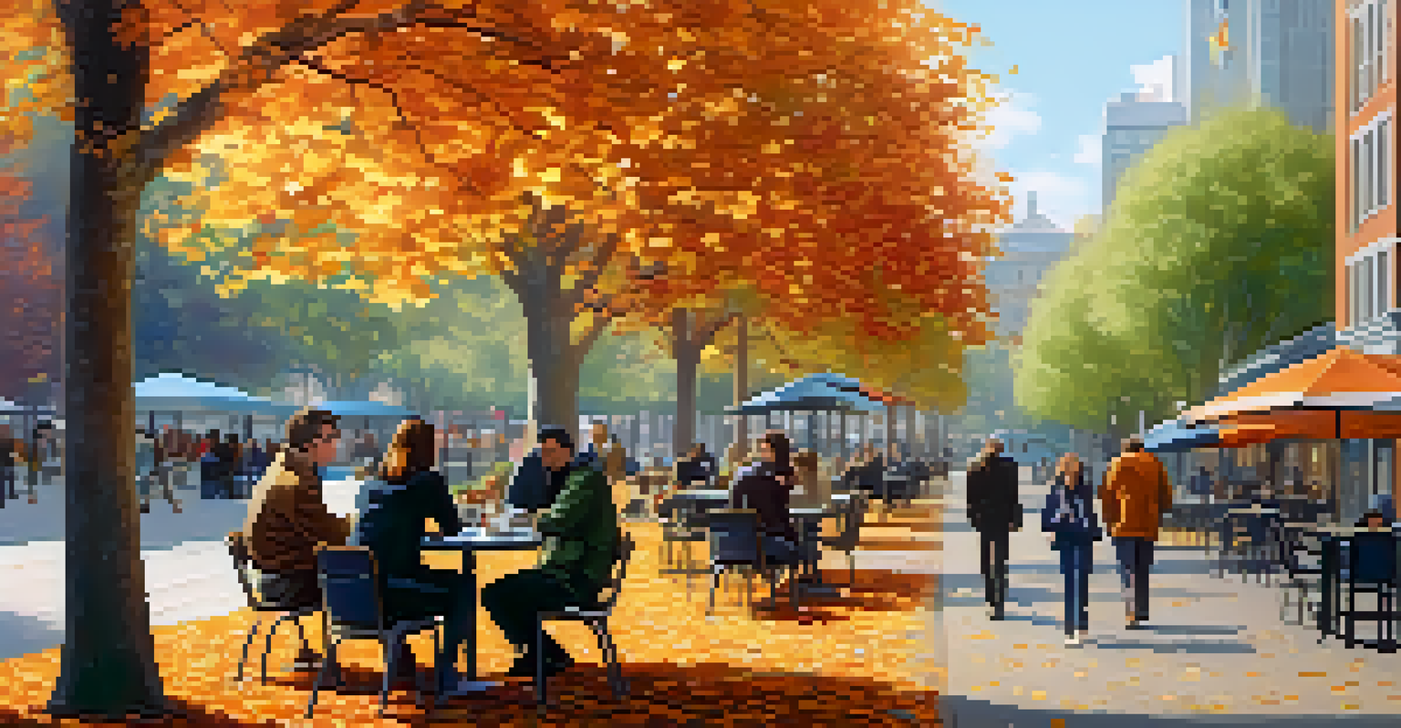 A business traveler enjoying coffee in an urban park surrounded by trees and people, illustrating a balance between work and leisure.