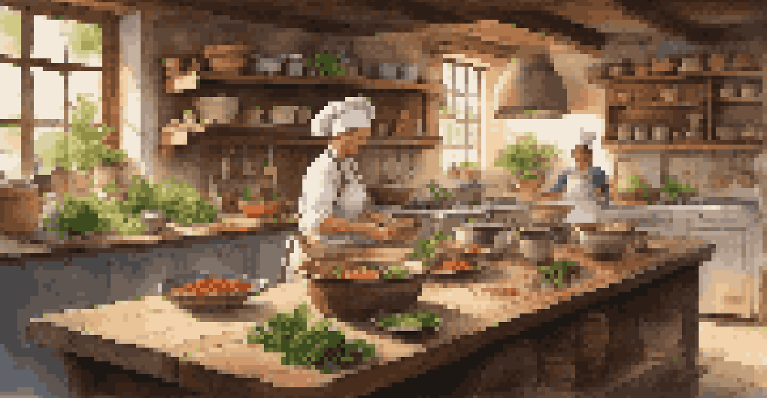 A cooking class in a rustic kitchen with a local family teaching travelers traditional dishes, surrounded by fresh ingredients and warm lighting.