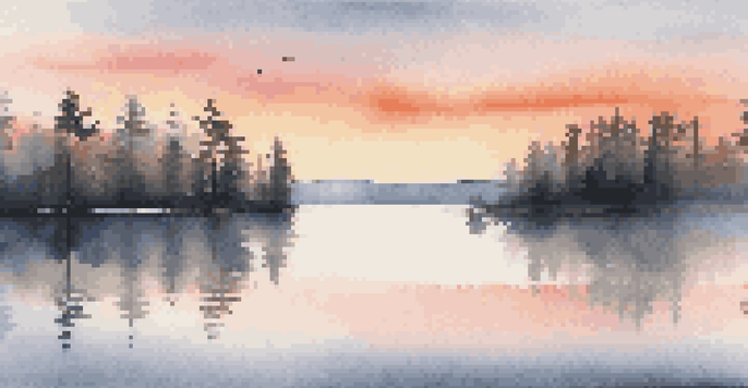 A beautiful sunrise landscape with a calm lake reflecting vibrant colors, framed by silhouettes of pine trees and mist rising from the water.