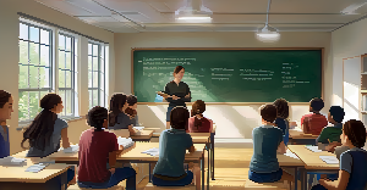 A diverse group of students participating in a language learning class in a bright classroom, practicing conversation.