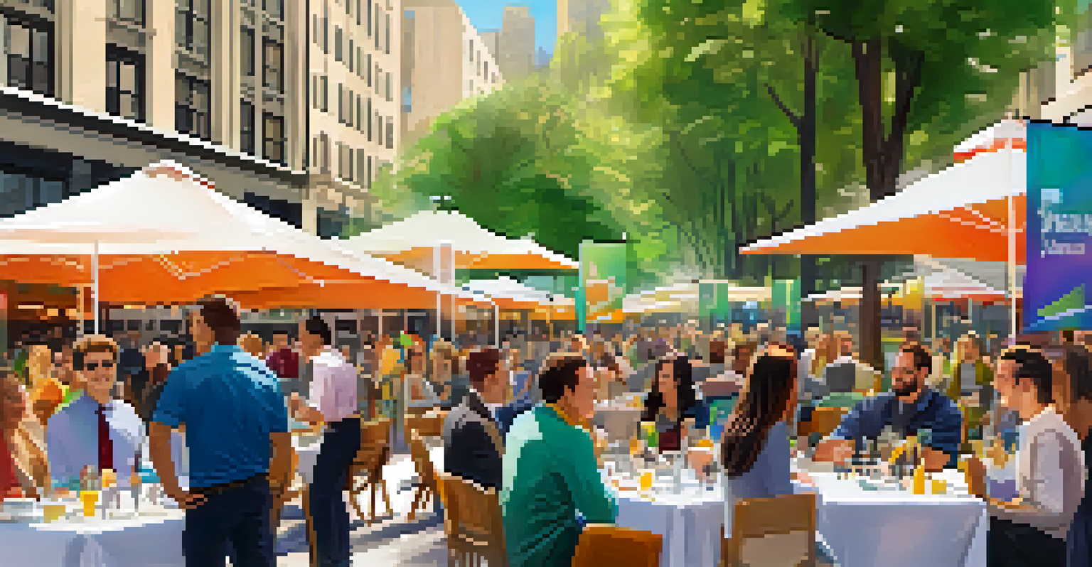 A lively outdoor networking event with professionals mingling, colorful banners, and a bright urban background.