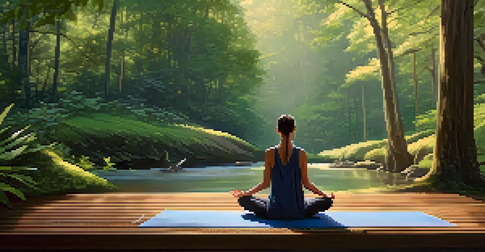 A peaceful scene of a person meditating on a wooden deck in a forest, surrounded by trees and soft morning light.