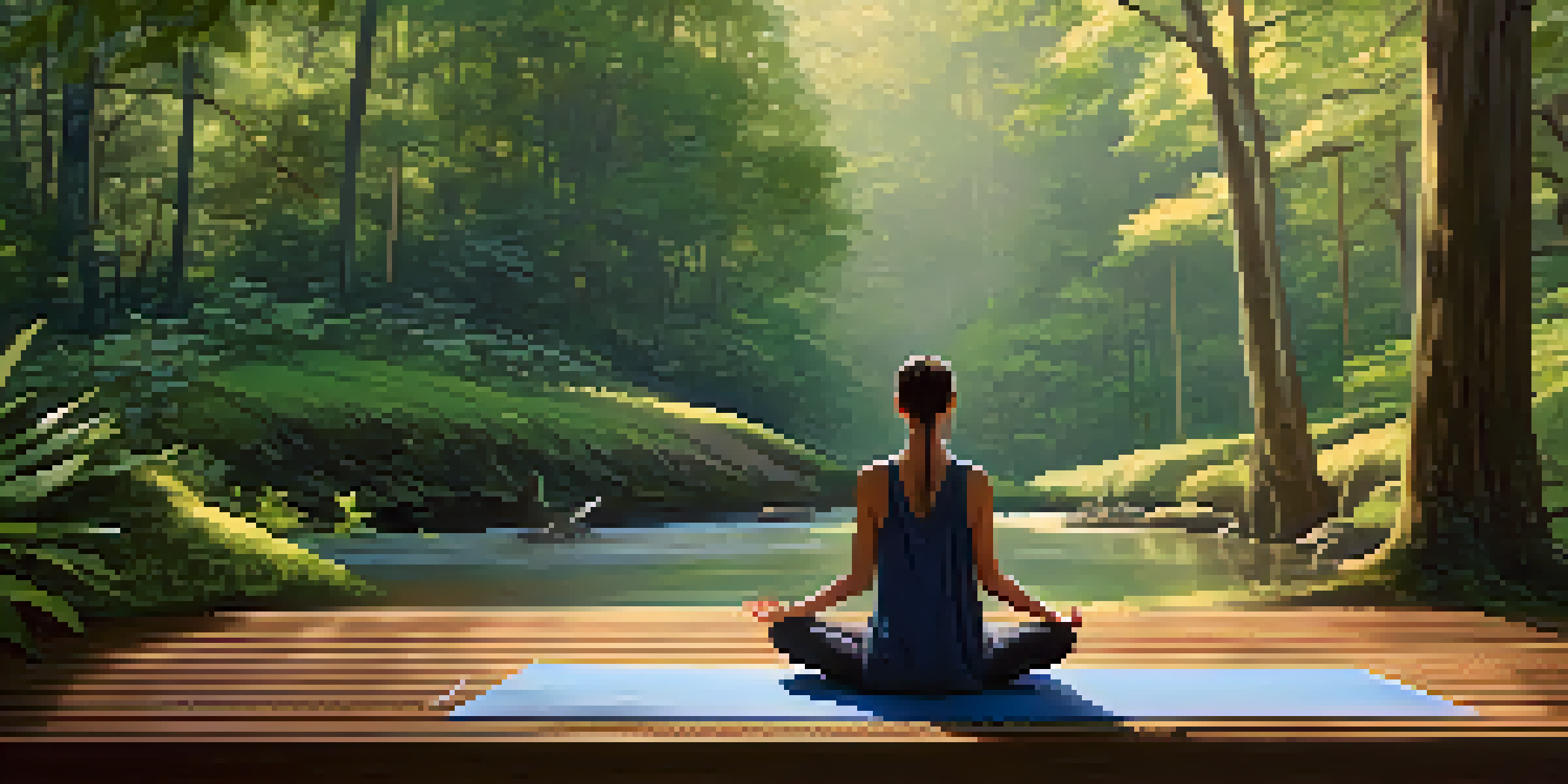 A peaceful scene of a person meditating on a wooden deck in a forest, surrounded by trees and soft morning light.