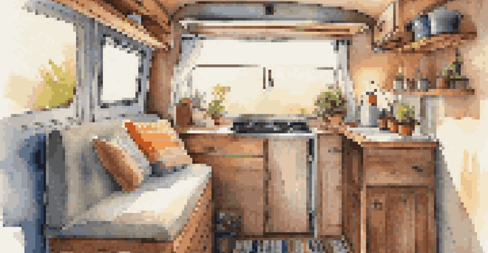 A cozy van interior showing a compact kitchen, a comfortable bed with colorful blankets, and personal decorations, all brightly lit by sunlight.