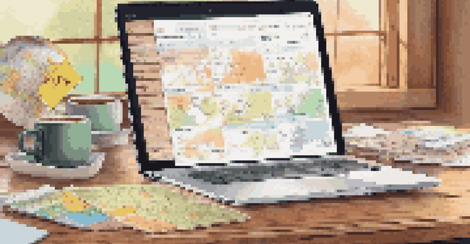 A travel budget planner with a laptop, calculator, sticky notes, coffee cup, and world map on a wooden table, illuminated by soft morning light.