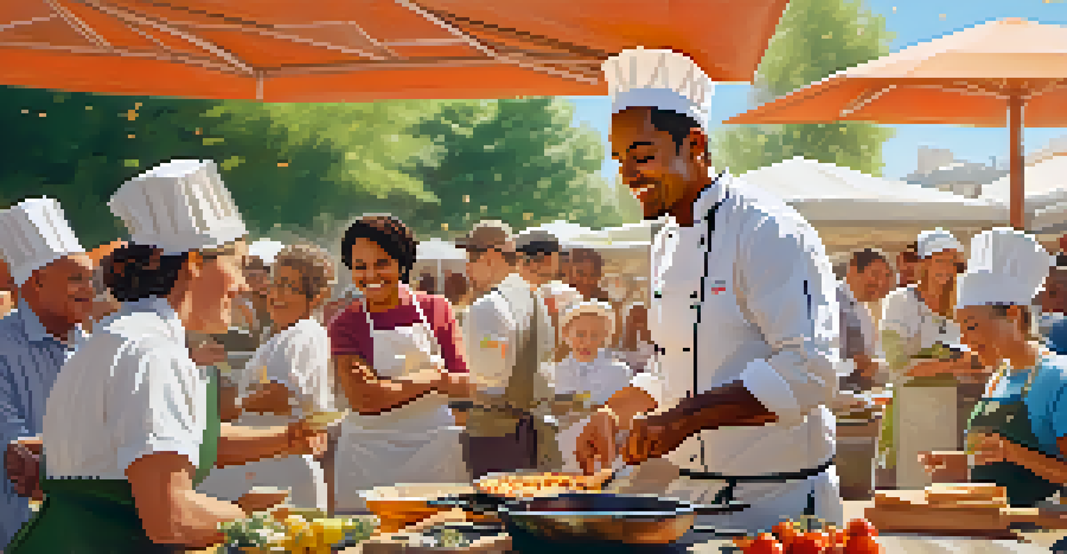 A chef conducting a cooking demonstration at a food festival, surrounded by an interested audience and fresh ingredients under bright sunlight.