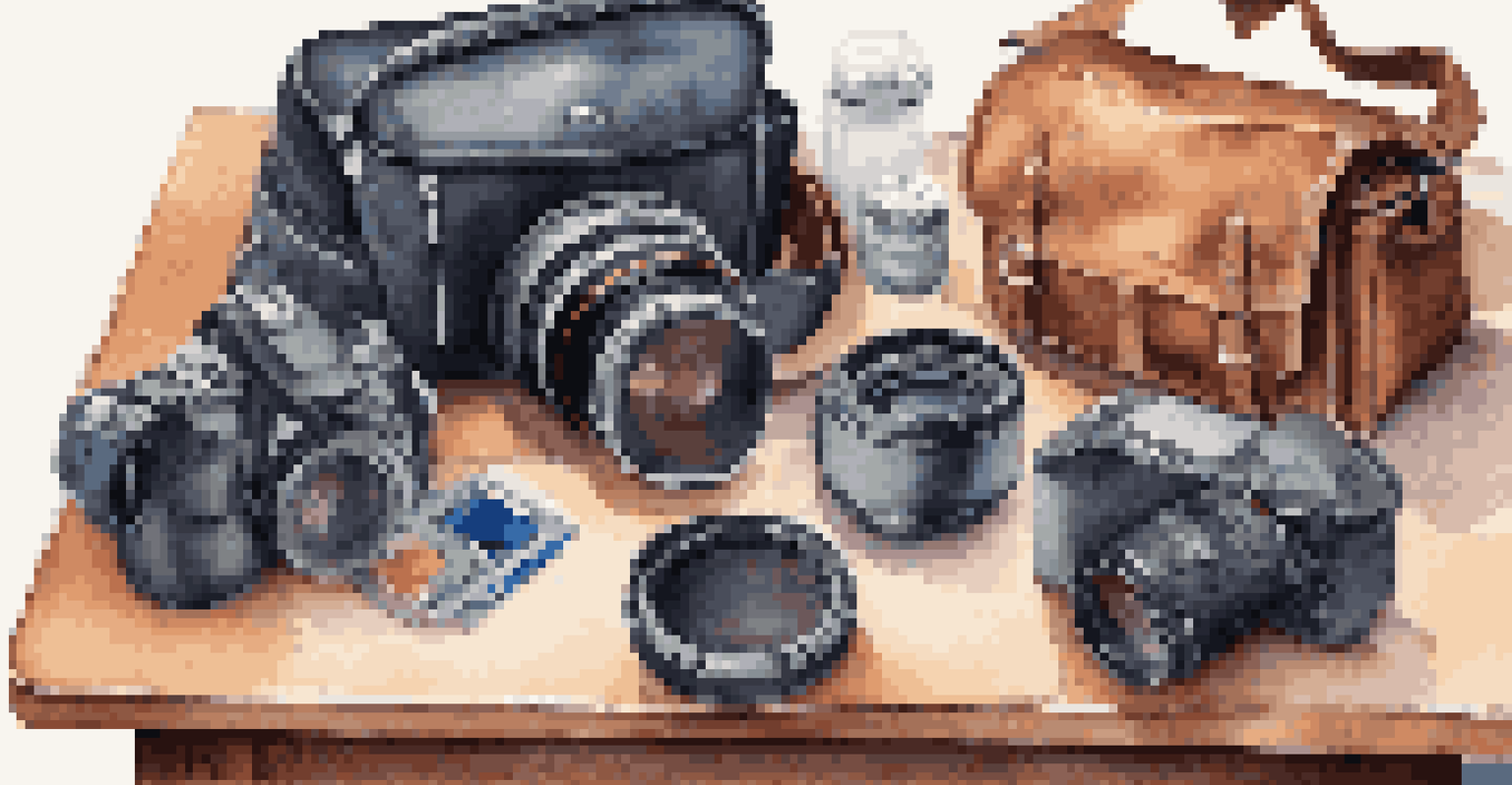 An open camera bag displaying a camera and photography accessories on a table.