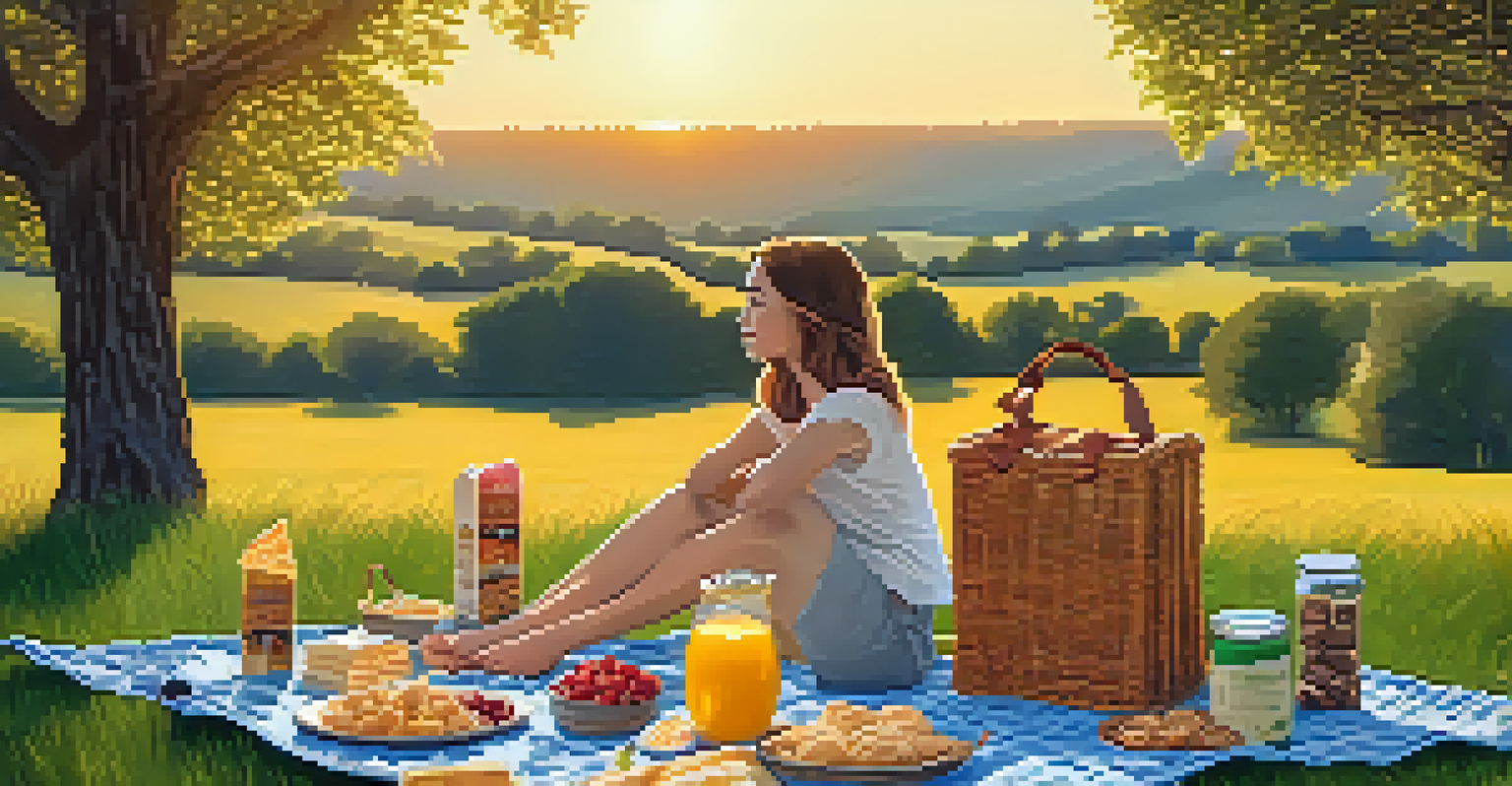 A traveler having a gluten-free picnic on green grass with snacks like nuts and fruits, under a sunset sky.