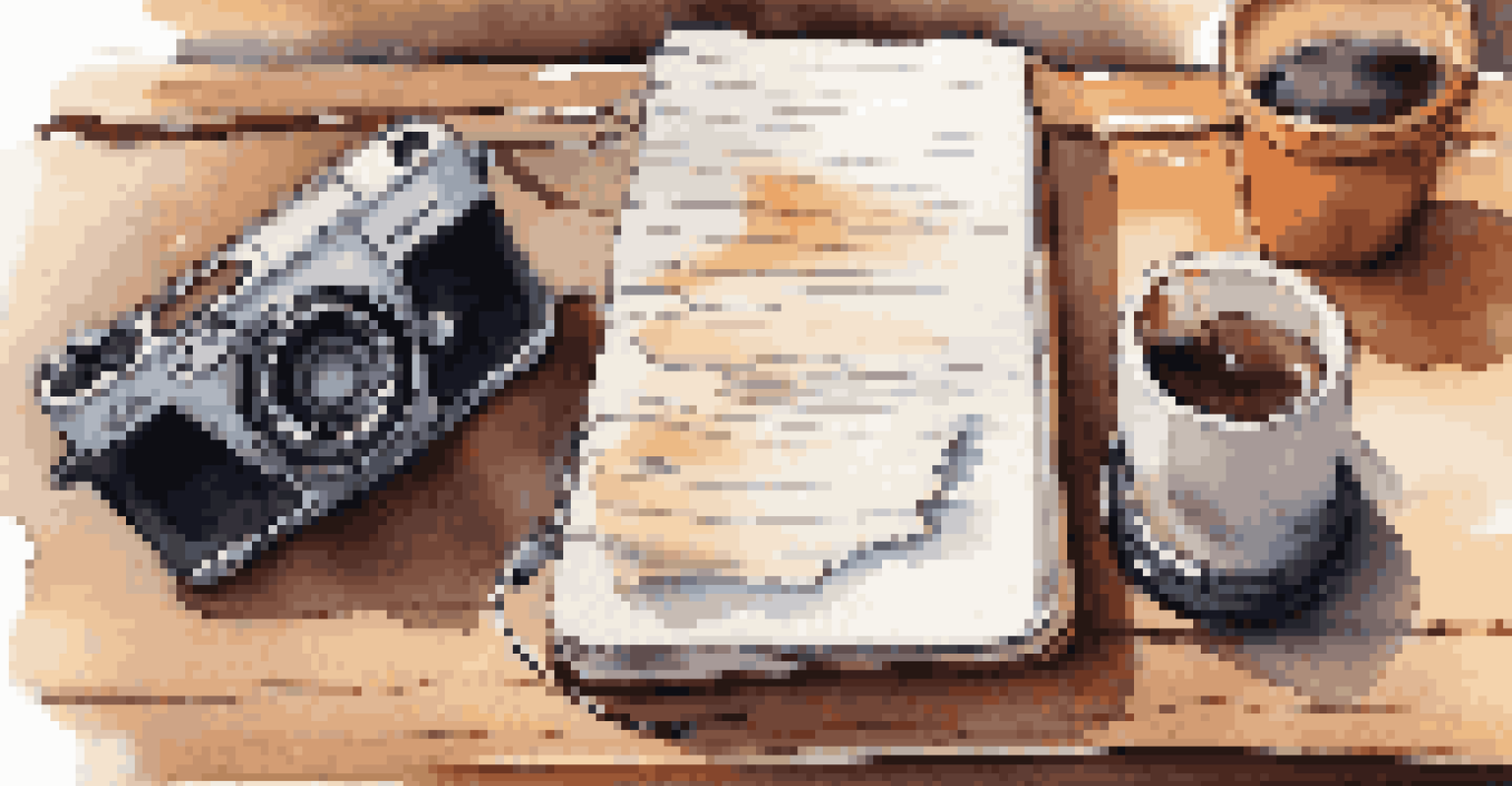 A compact camera, portable charger, travel journal, and a cup of coffee on a wooden table, warmly lit with a soft glow, showcasing handwritten notes and sketches.