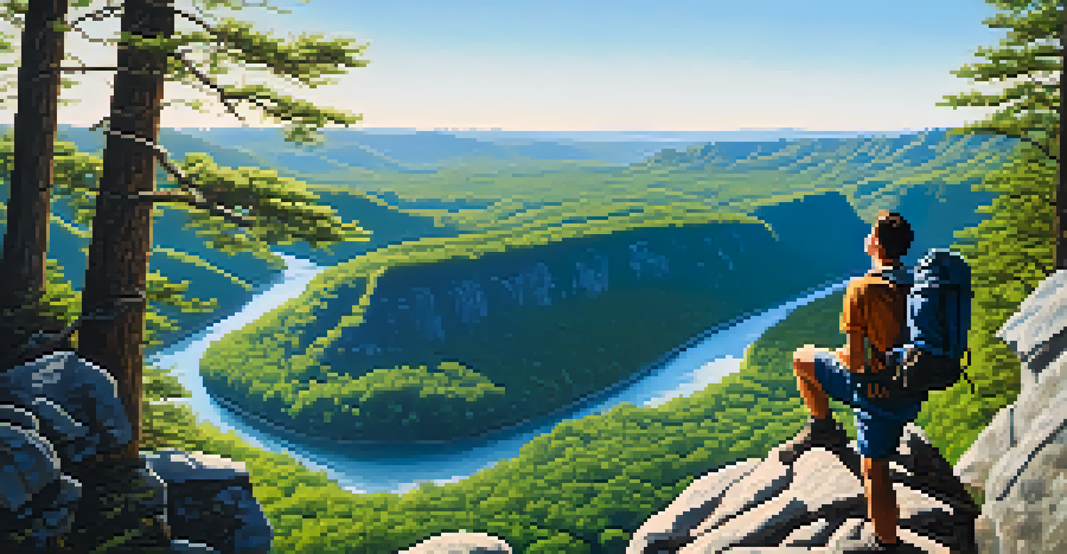 A hiker on a rocky cliff gazing over a lush green valley with a winding river, under a bright blue sky.