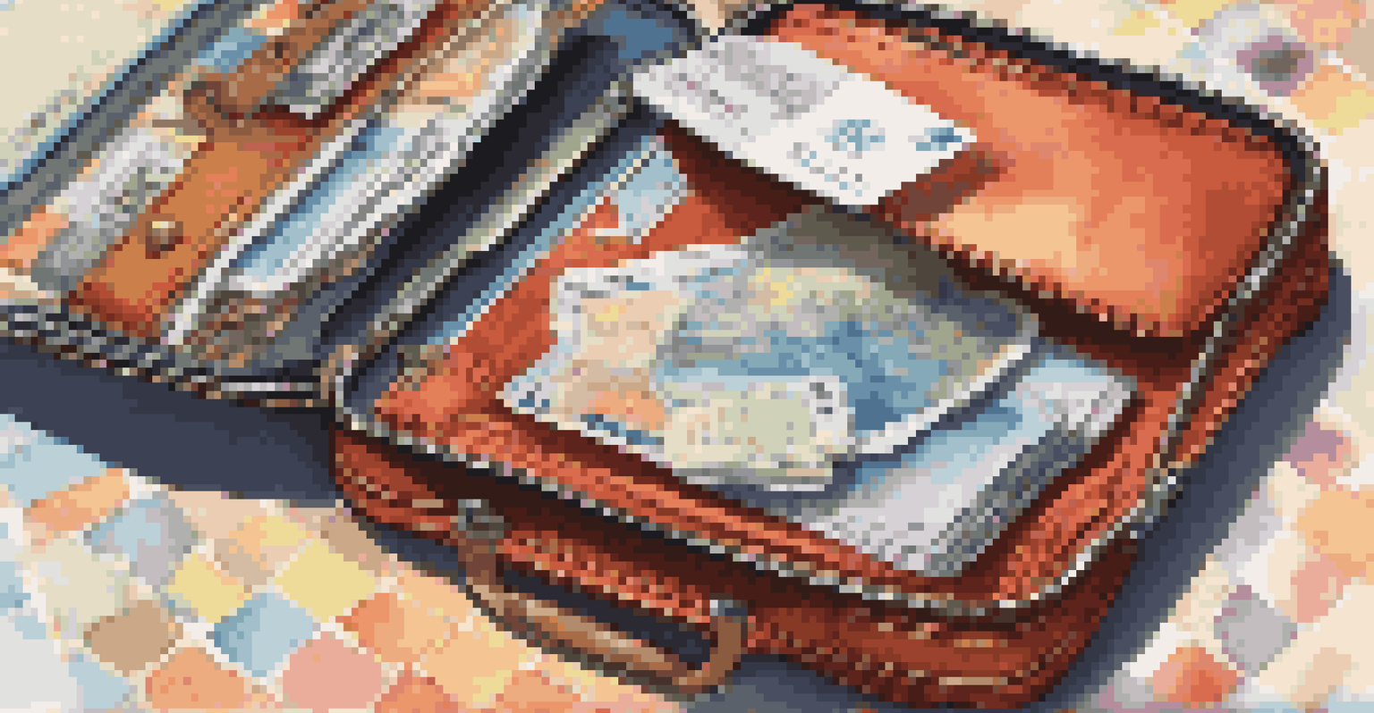 A colorful travel wallet filled with organized travel documents on a vibrant travel-themed background.
