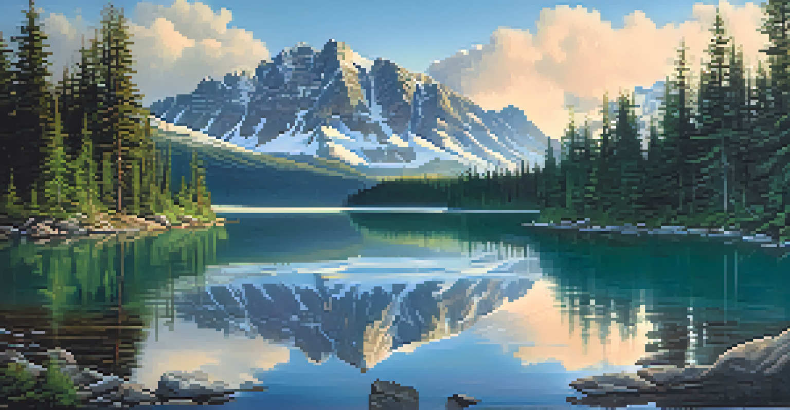 A beautiful view of the Canadian Rockies with snow-capped mountains and a glacial lake surrounded by pine trees.