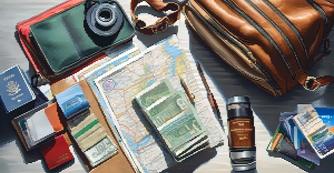 Close-up of a woman's hands packing a travel backpack with essentials like a passport and money belt.