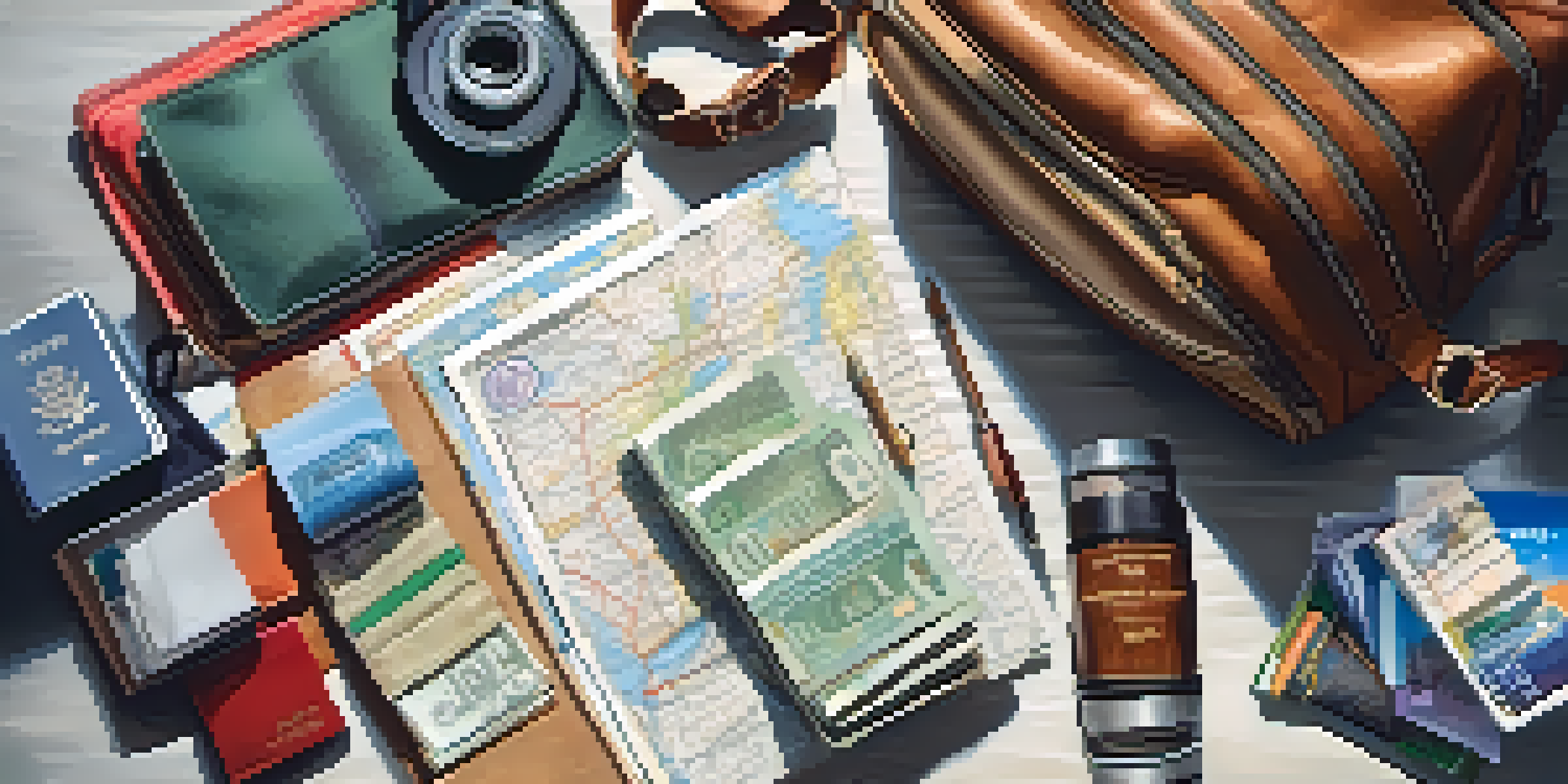 Close-up of a woman's hands packing a travel backpack with essentials like a passport and money belt.