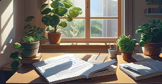 A focused student working on a visa application form at a desk, with natural light illuminating the workspace and books around.