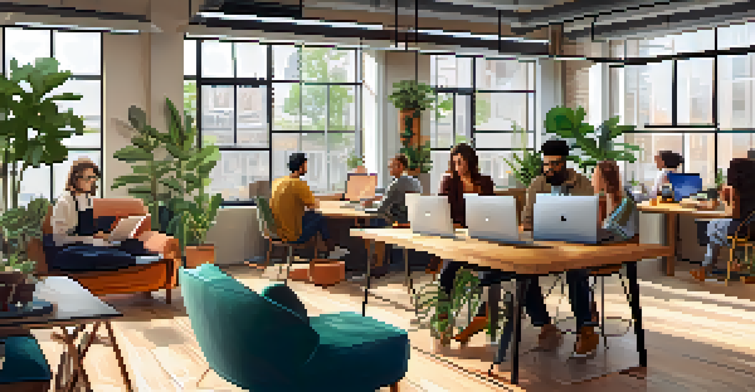 A vibrant co-working space where people are collaborating and working on laptops, filled with natural light and greenery.