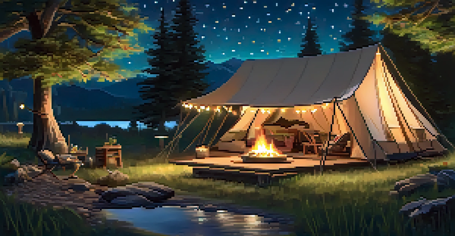 A glamorous camping setup with a luxurious tent, fairy lights, and a campfire in a natural setting with mountains and trees, under a starry sky.