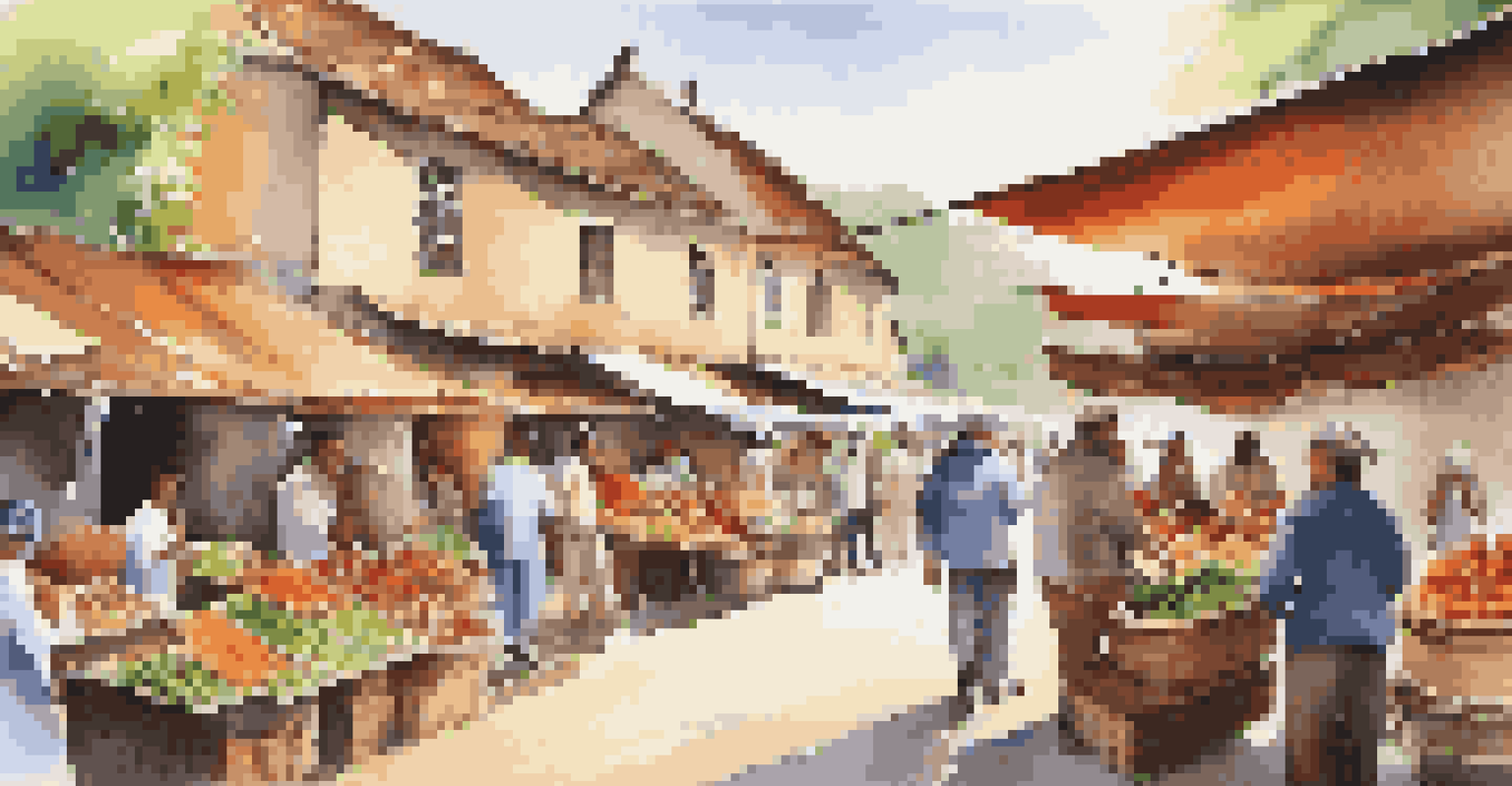 A lively local community market with travelers interacting with vendors, featuring organic produce and handmade crafts.