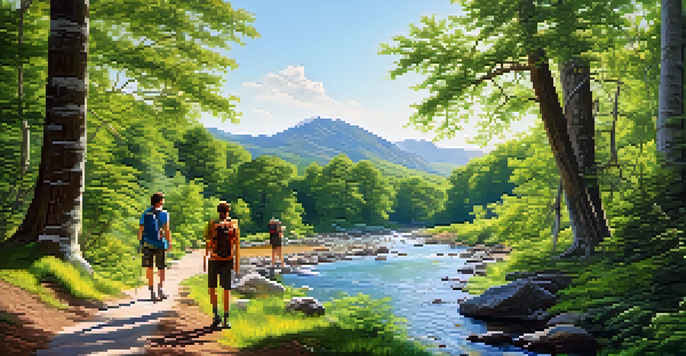 A picturesque national park scene with hikers enjoying nature and sunlight filtering through the trees.