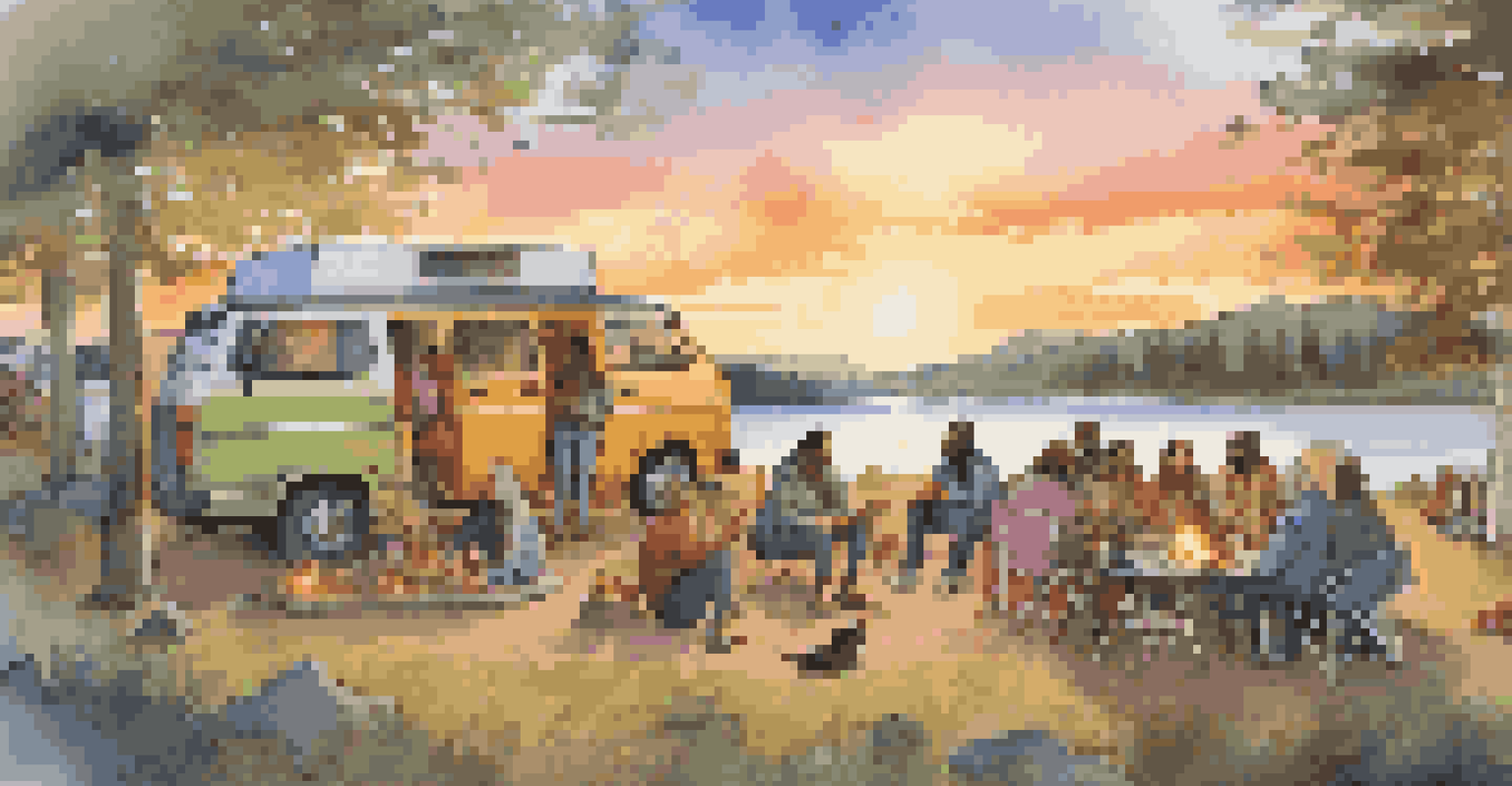 A vibrant van life community gathering at a campsite, with colorful vans and people sharing meals around a campfire.