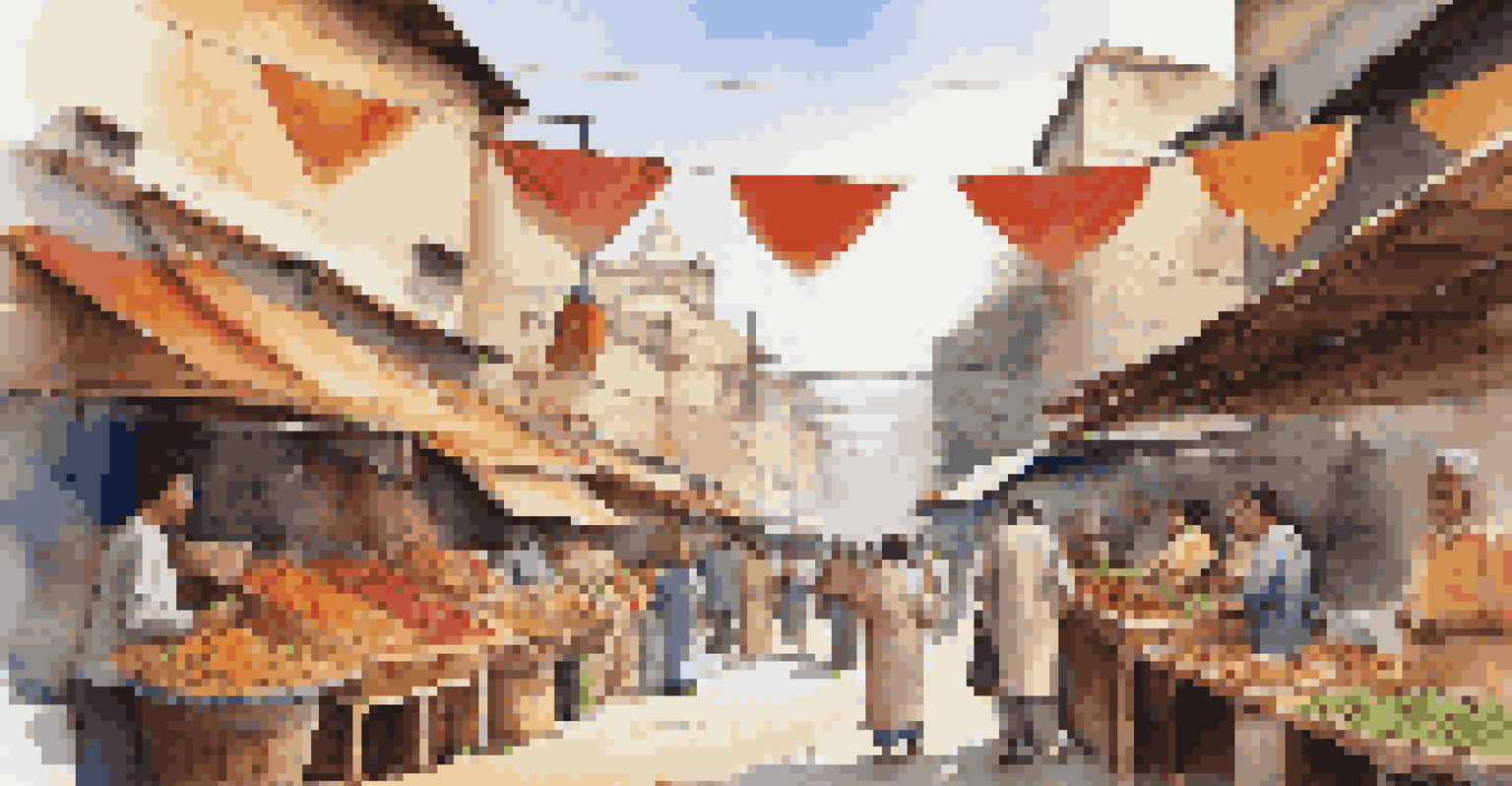 A vibrant street market scene with locals and tourists, colorful stalls, and cultural interactions.