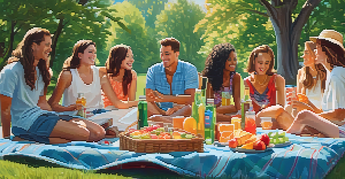 A diverse group of friends enjoying a picnic in a sunny park, with a blanket full of food and drinks, surrounded by trees.