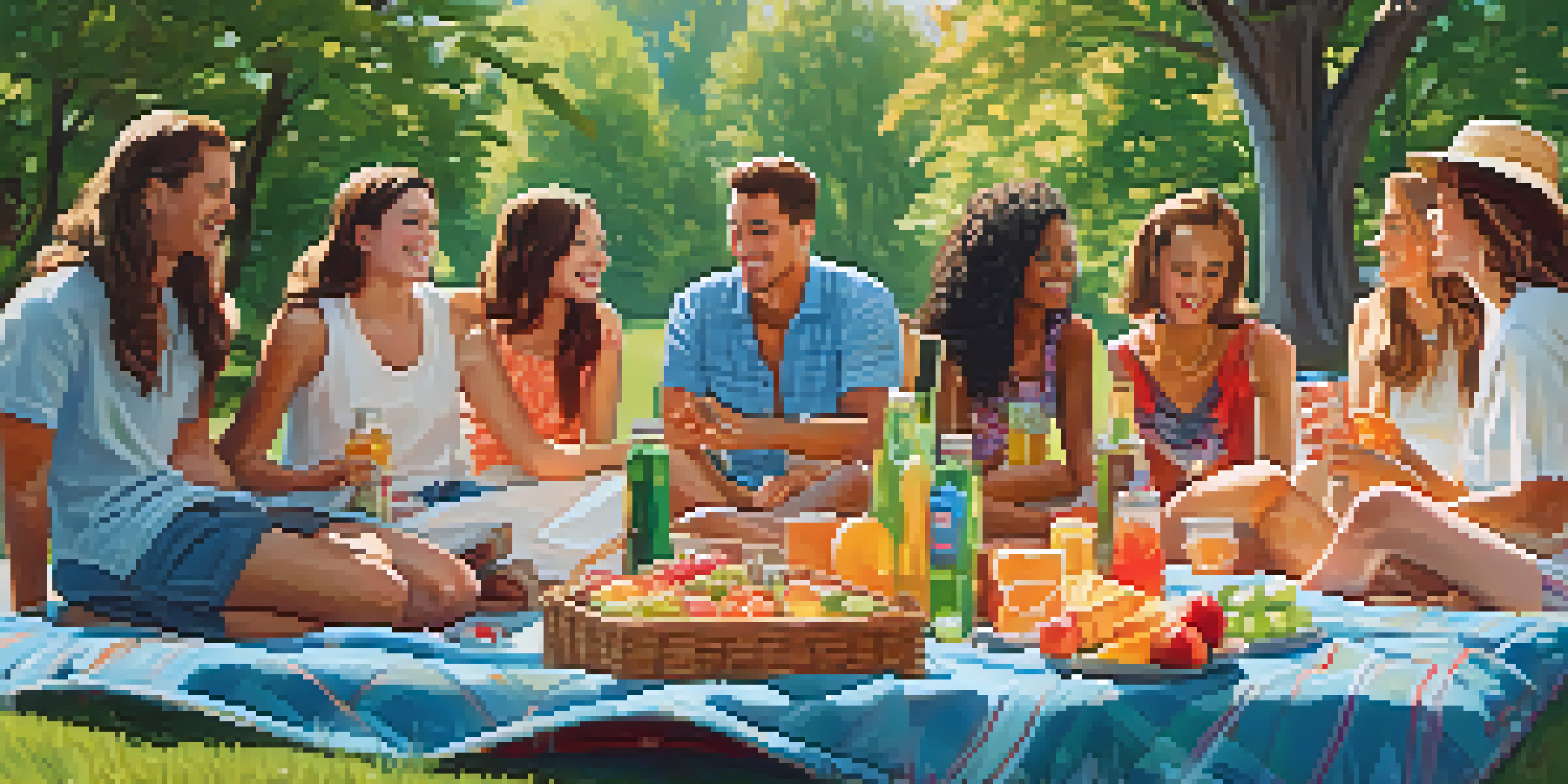 A diverse group of friends enjoying a picnic in a sunny park, with a blanket full of food and drinks, surrounded by trees.