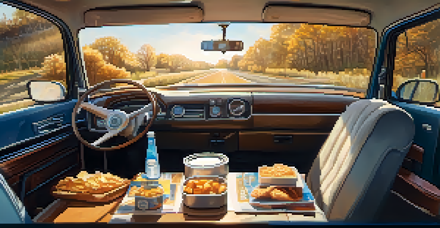The interior of a car with organized snack containers and a cooler, illuminated by sunlight, with a road map on the dashboard.