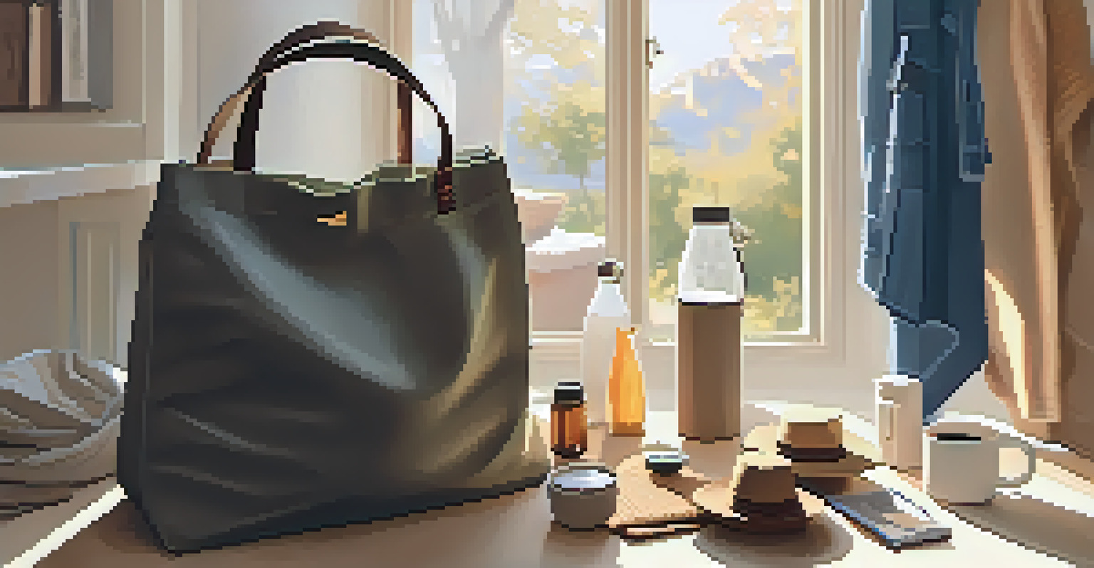 A traveler packing a reusable tote bag with eco-friendly items in a sunlit room.