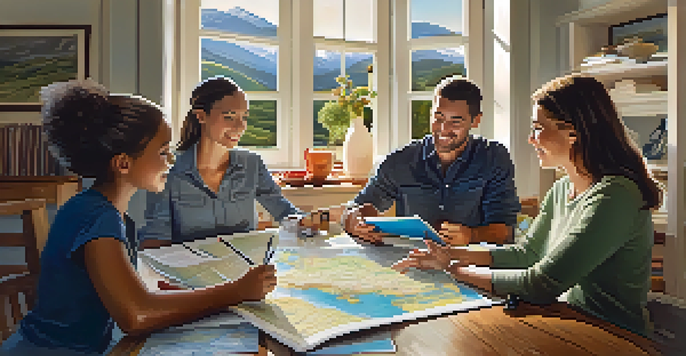 A family engaging in trip planning, surrounded by maps and brochures, with a laptop on the table.