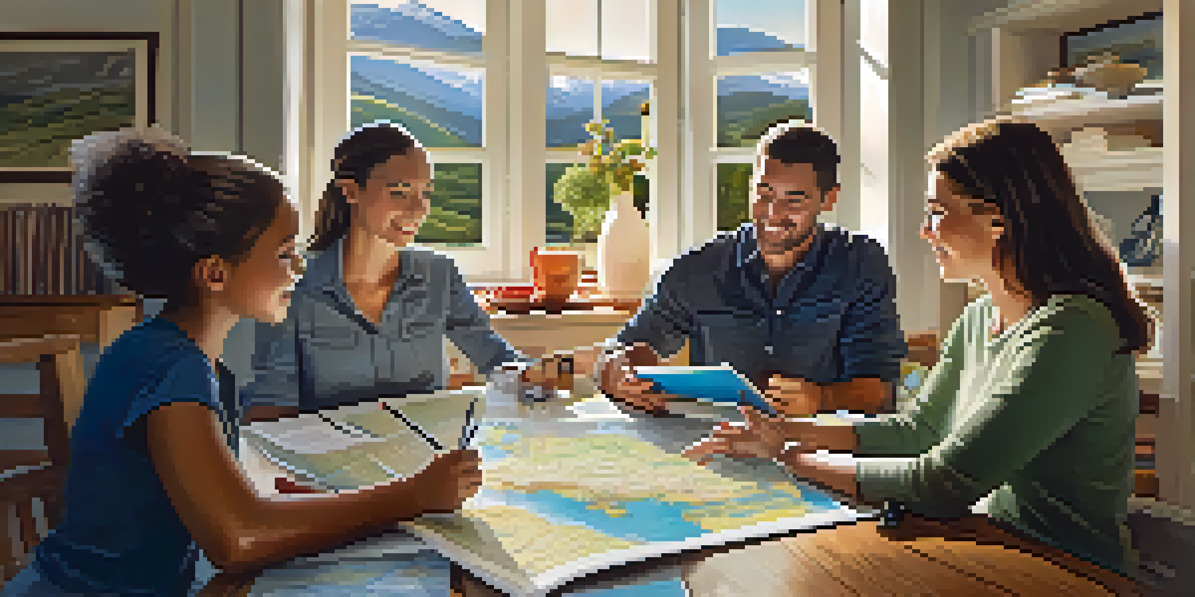A family engaging in trip planning, surrounded by maps and brochures, with a laptop on the table.