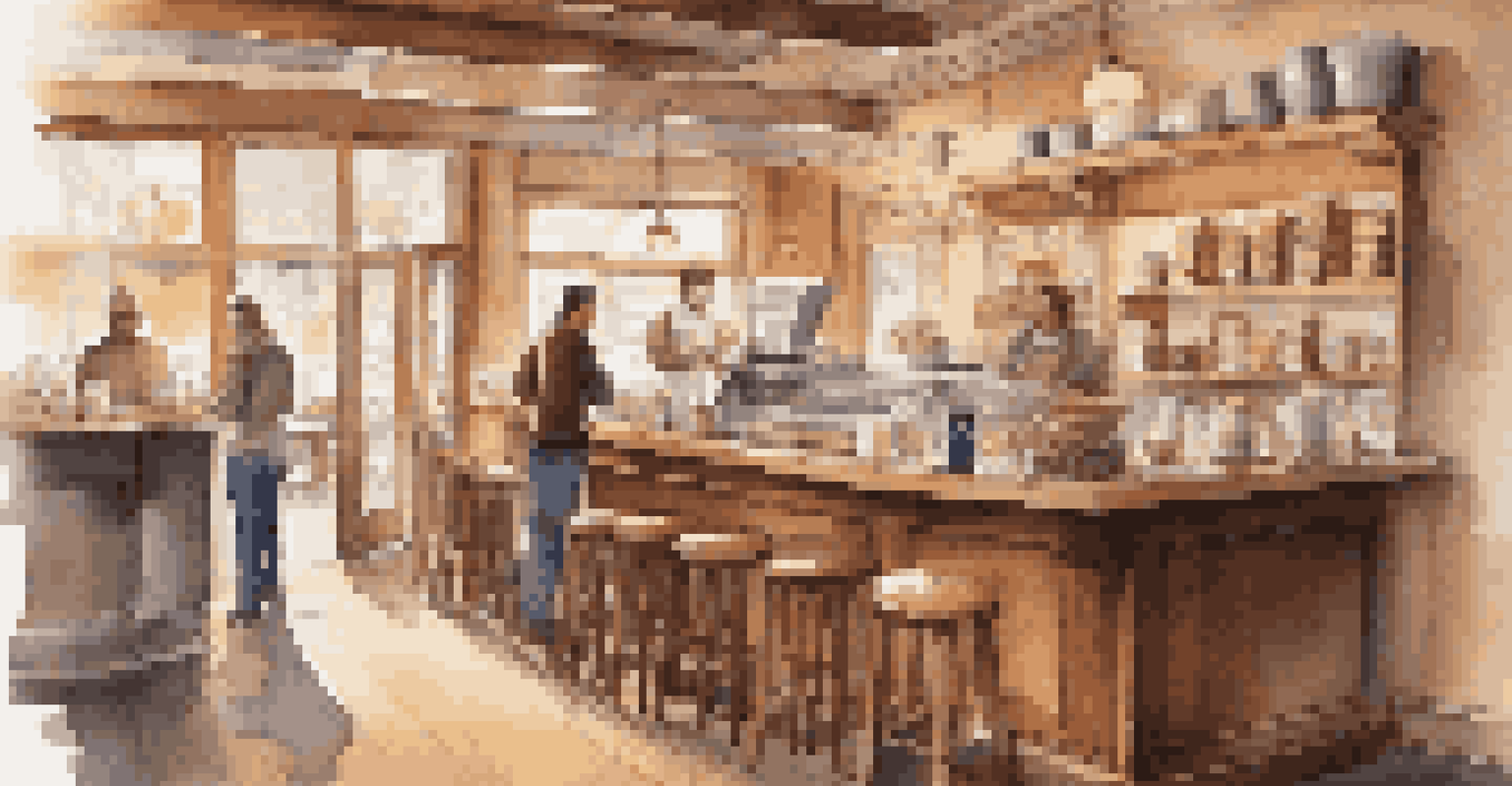 A warm and inviting coffee shop with wooden furniture, a barista making coffee, and patrons enjoying their time.