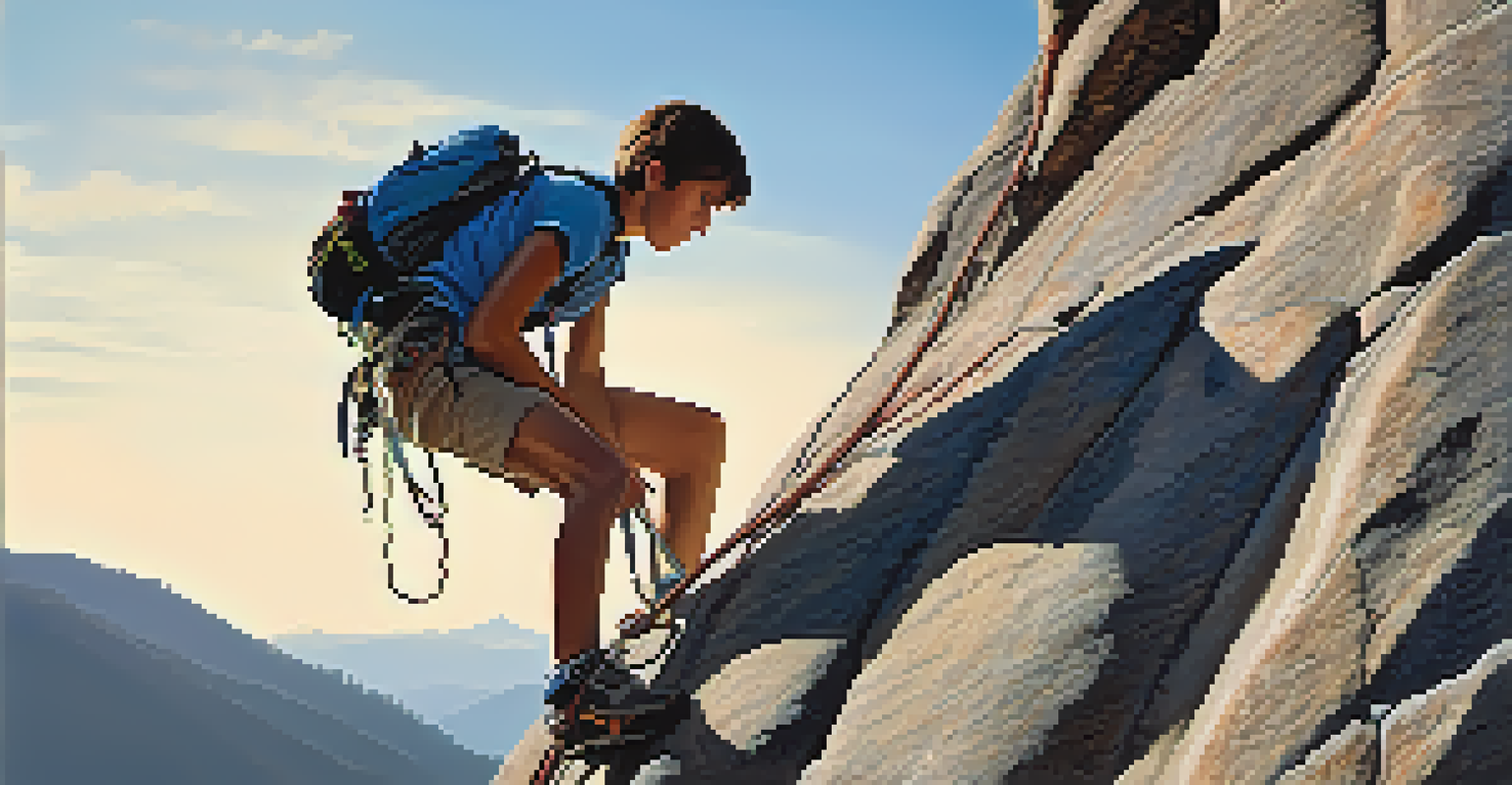 A teen rock climbing on a mountain with a clear sky and soft morning light, highlighting the determination on their face.