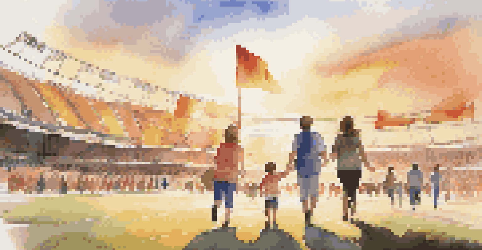 A family dressed in team jerseys walking towards a sports venue with banners, accompanied by a sunset backdrop.