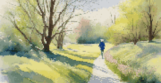 A colorful spring scene with blooming flowers and a person walking on a path under the trees.