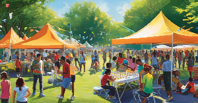 A lively community event in a park featuring diverse people engaging in activities, with colorful banners, tents, and volunteers.