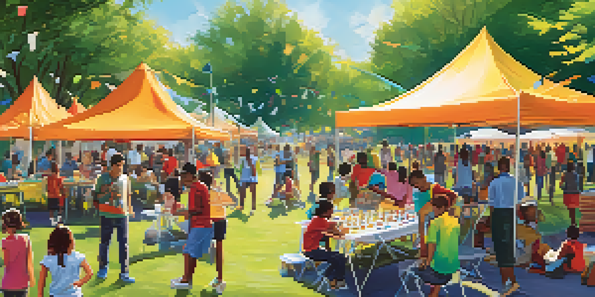 A lively community event in a park featuring diverse people engaging in activities, with colorful banners, tents, and volunteers.