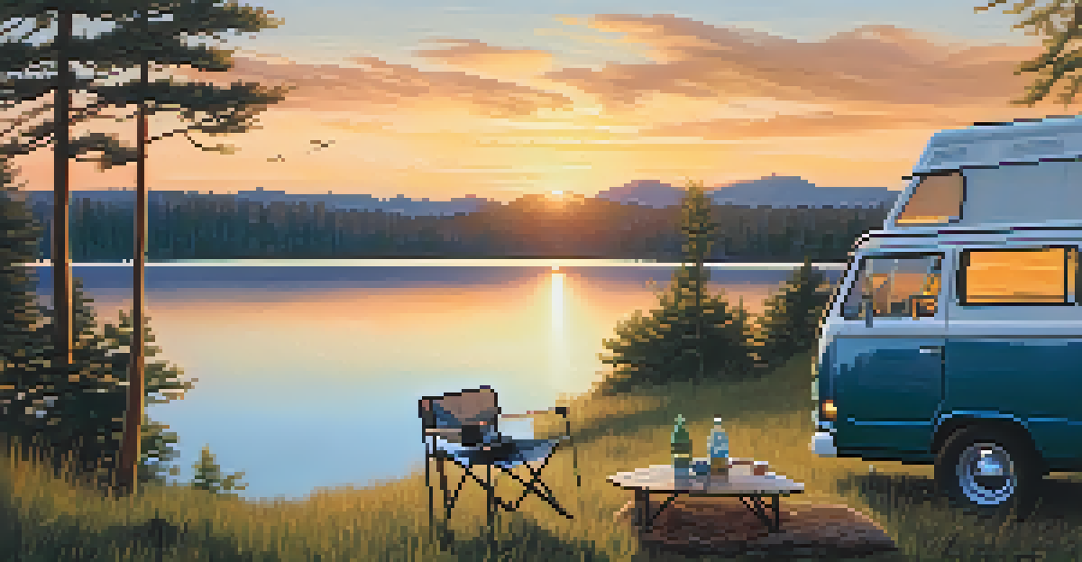A person sitting at a portable table next to a van, enjoying a sunset view over a lake.