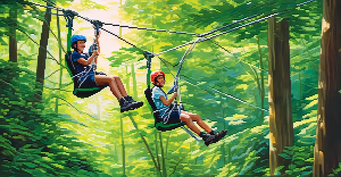 A group of teens ziplining through a vibrant forest, showcasing their excitement while wearing safety gear.