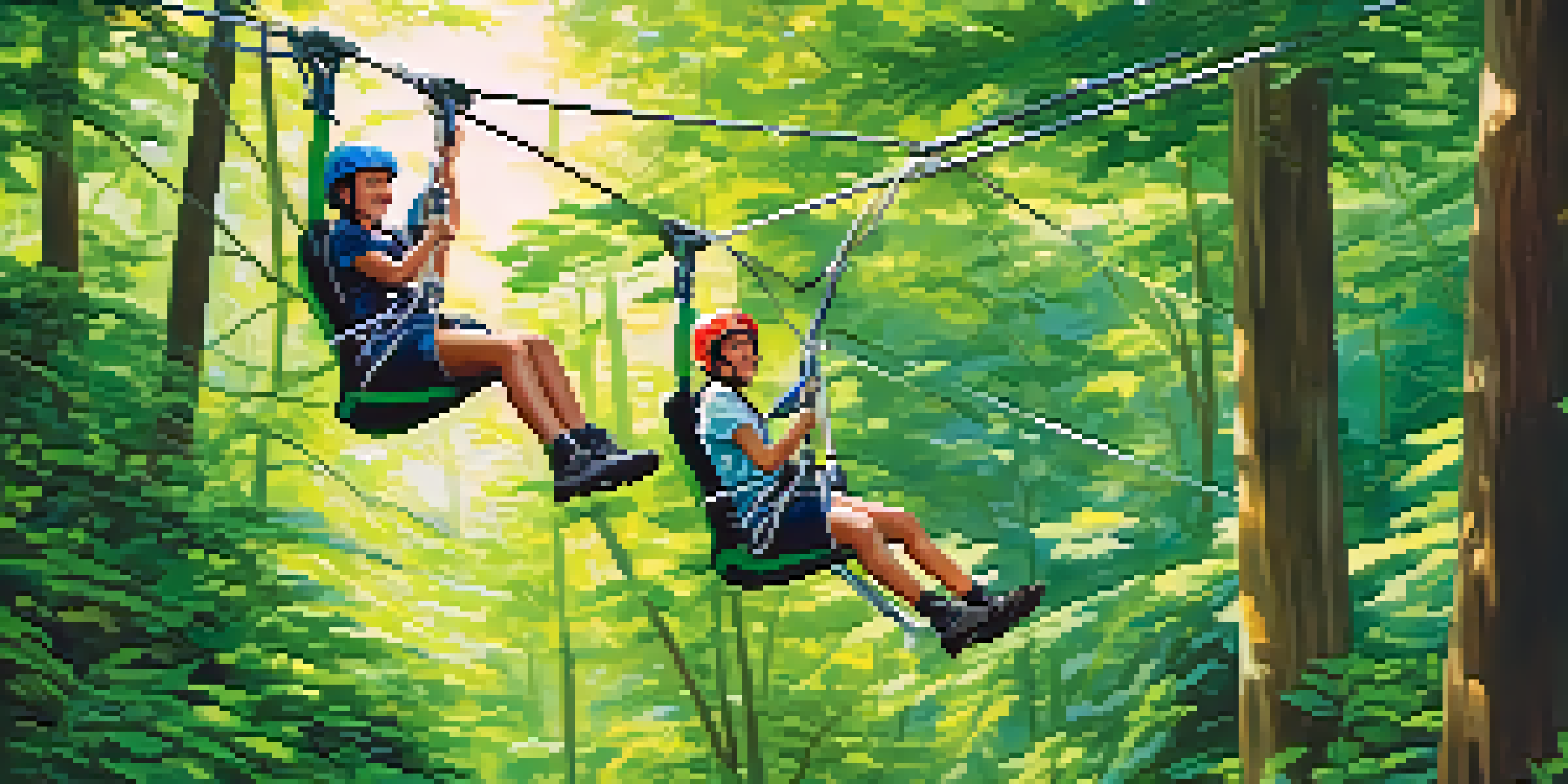A group of teens ziplining through a vibrant forest, showcasing their excitement while wearing safety gear.