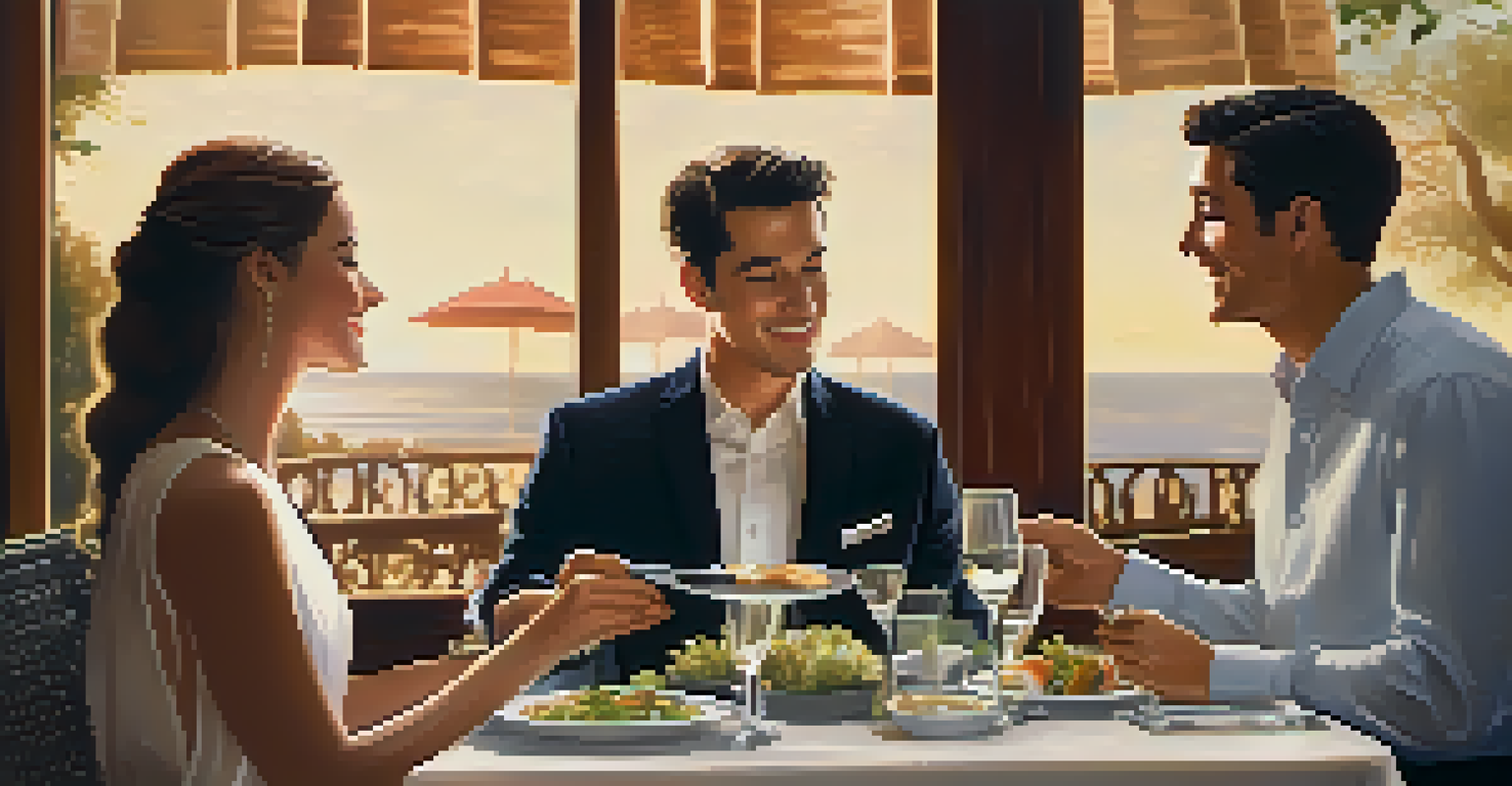 A couple at a restaurant table with a server presenting a menu, showcasing a cozy dining atmosphere with lactose-free dishes.