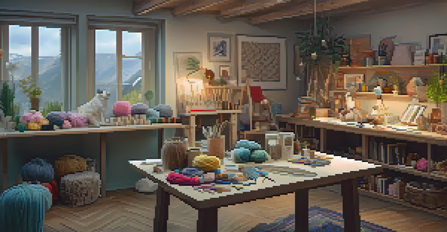 A cozy crafting corner with individuals knitting and engaging in conversation, surrounded by colorful crafting materials and warm lighting.