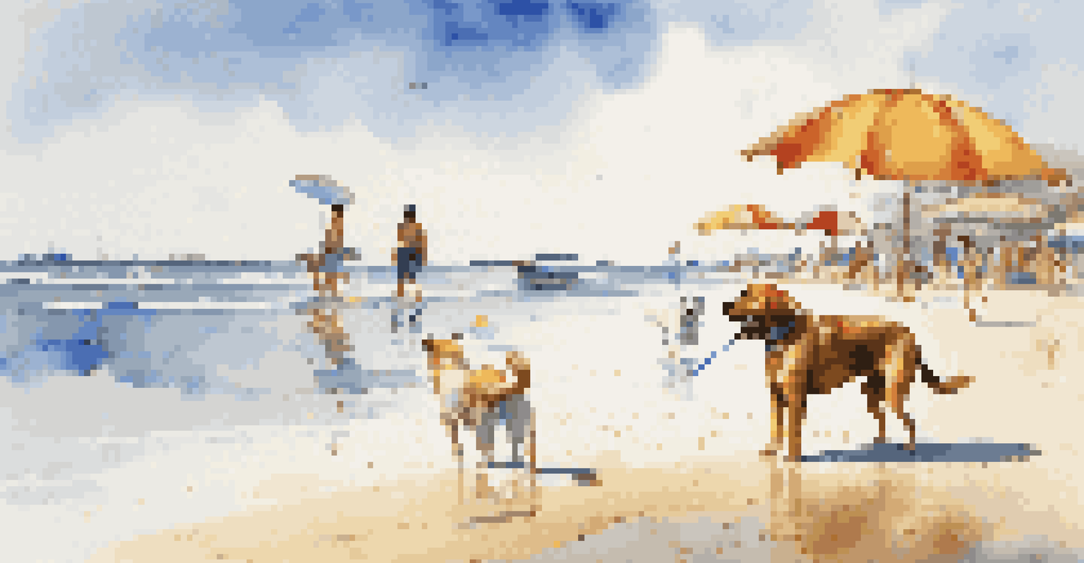A playful dog splashing in the waves at the beach, with beachgoers and colorful umbrellas in the background under a blue sky.