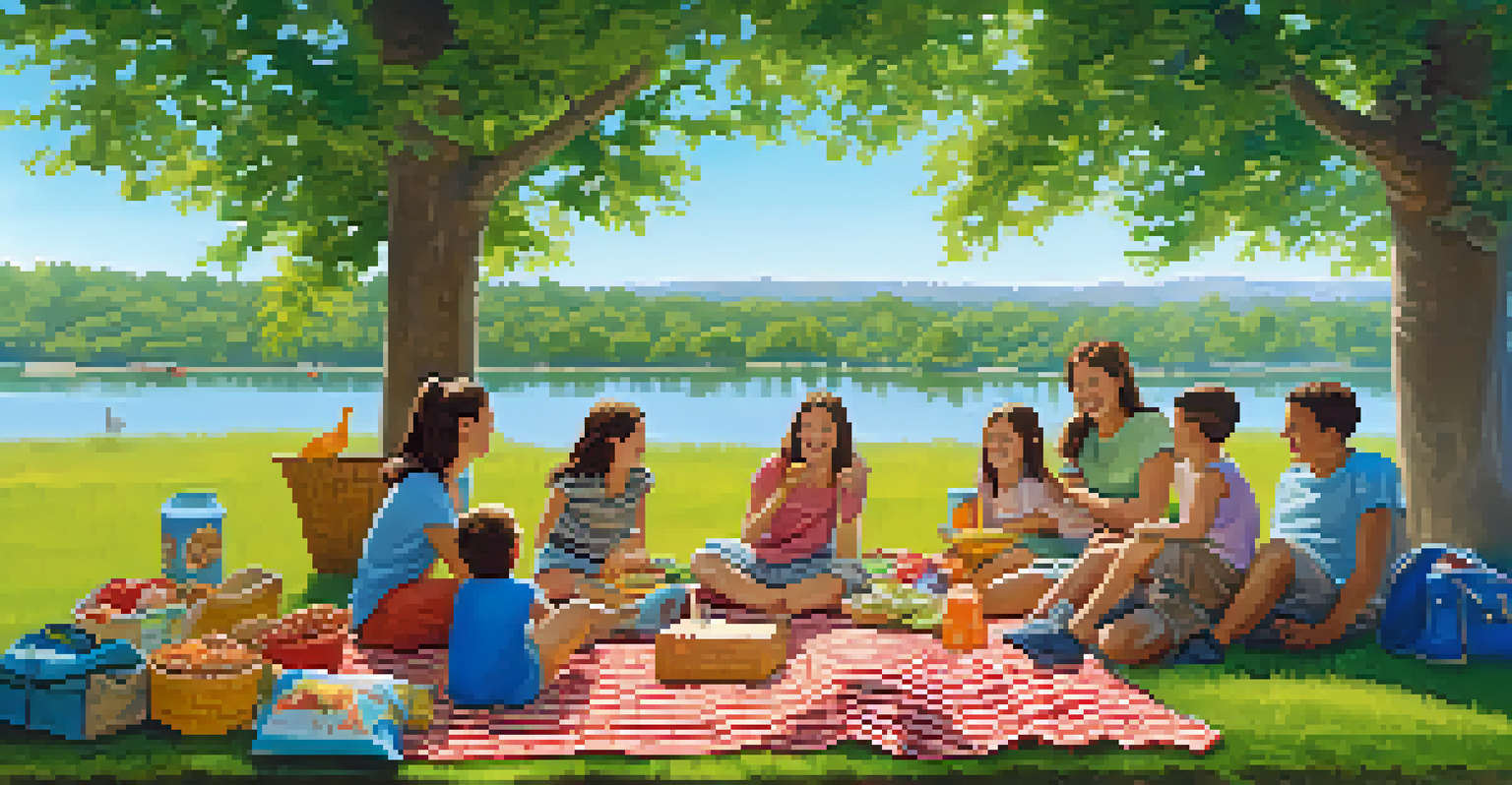 A family enjoying a picnic during a road trip break, with kids playing and snacks laid out on a blanket.