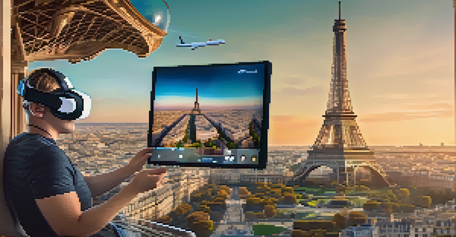 A person with a VR headset engages with a virtual experience of the Eiffel Tower, surrounded by a digital interface of travel options.