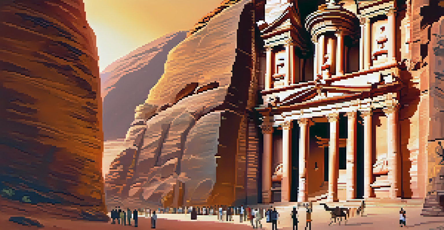 The ancient rock-cut structures of Petra lit by the sunset, with visitors admiring the architectural beauty.