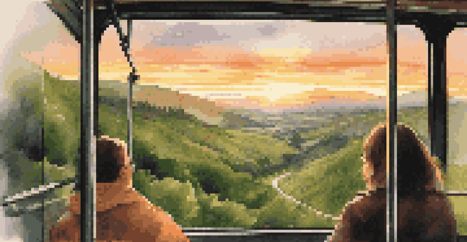 A tram traveling through hilly terrain at sunset, with warm colors reflecting on the landscape and passengers enjoying the view.