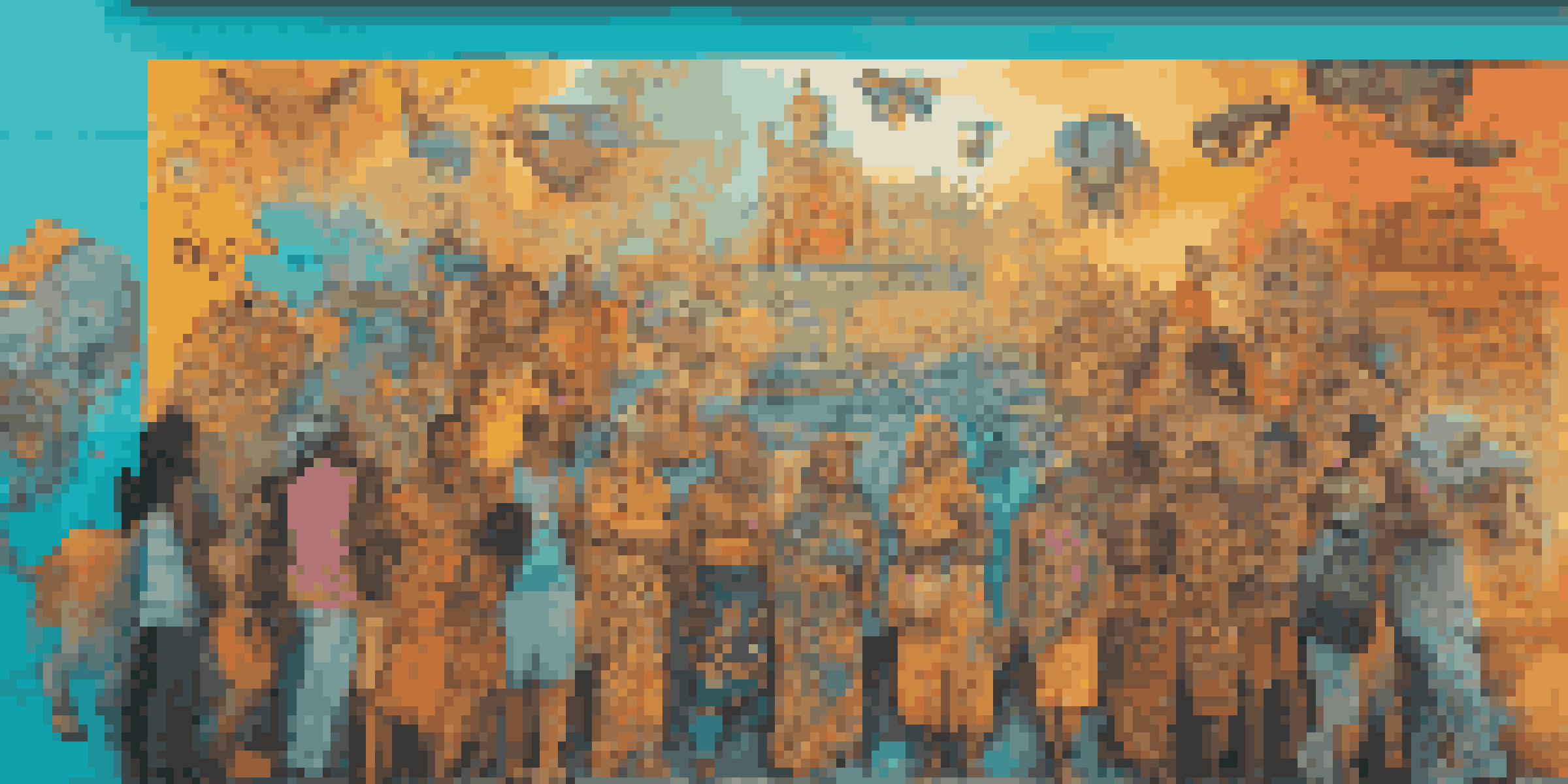 A colorful street art mural showcasing various cultural symbols and community narratives in an urban setting.