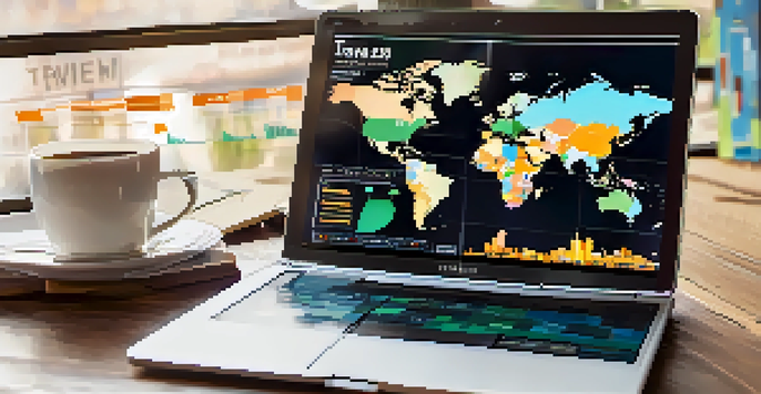 A travel budget spreadsheet displayed on a wooden desk with graphs on a laptop, a coffee cup, and a travel guidebook beside it, illuminated by warm sunlight.