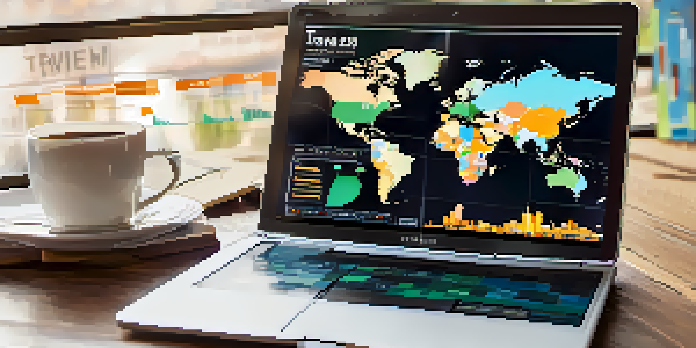 A travel budget spreadsheet displayed on a wooden desk with graphs on a laptop, a coffee cup, and a travel guidebook beside it, illuminated by warm sunlight.